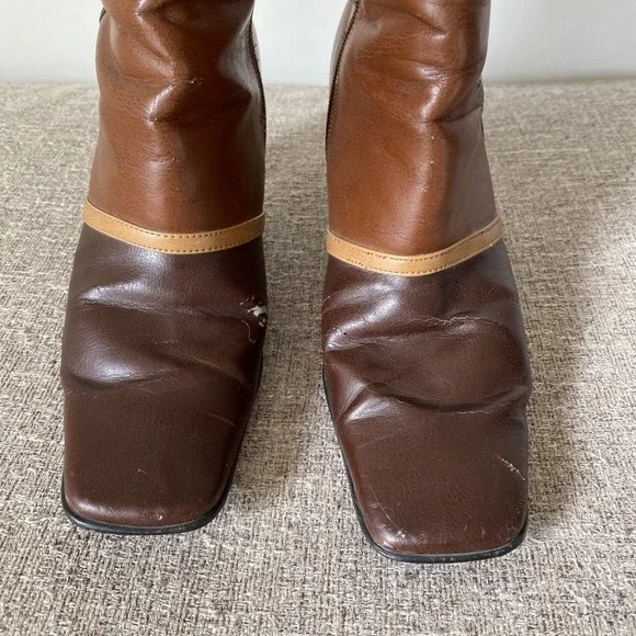 Vintage Y2K Patchwork Faux Leather Booties Boots Size 8M Square Toe Boho Brown - Picture 2 of 13
